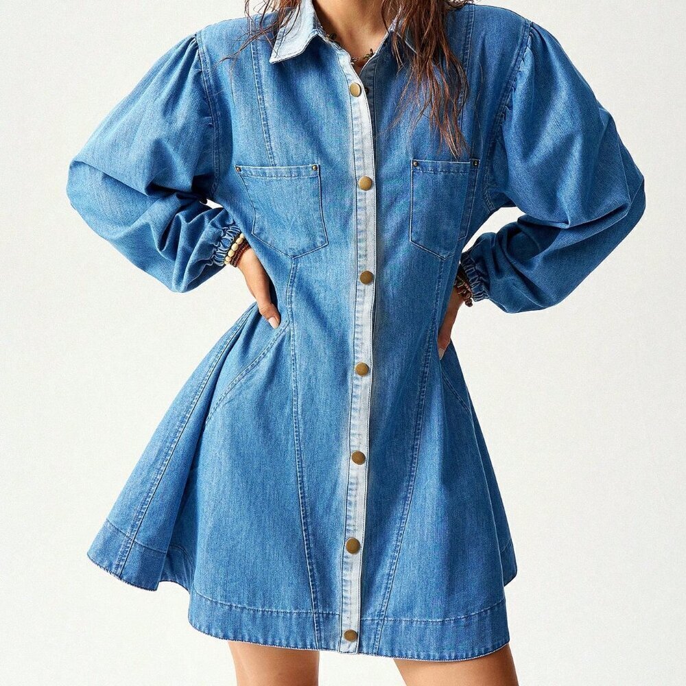 Dark Wash Casual Women's Loose Denim Long Sleeve Mini Dress - Picture 8 of 8